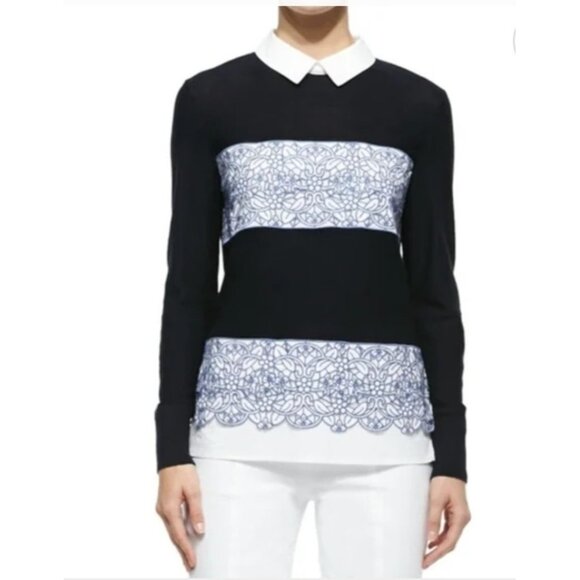 Tory Burch Navy Blue Wool Contrast Paneled Collared Sweater L - Picture 12 of 12